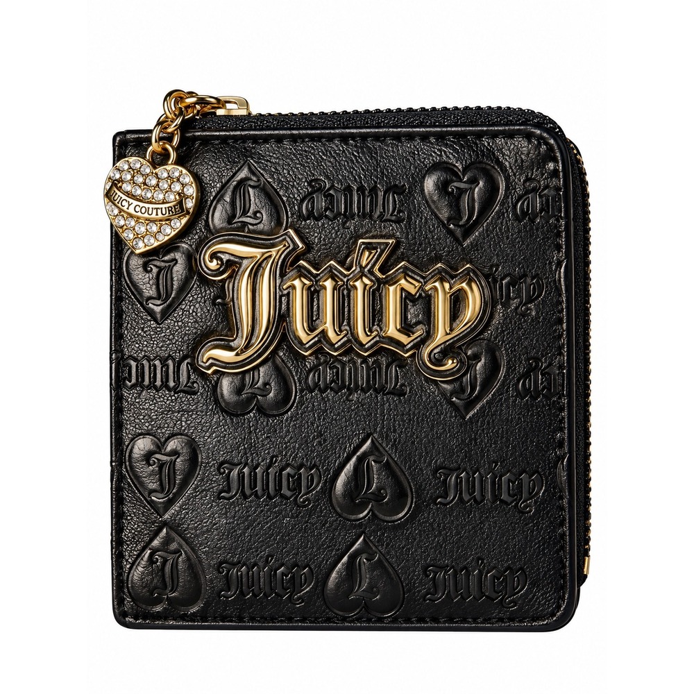 Juicy Couture Black Embossed Heart Small Zip Wallet Gold Logo ID Window